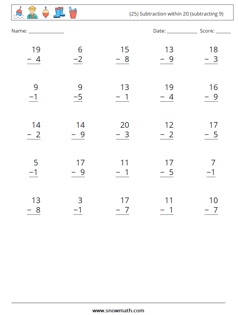 (25) Subtraction within 20 (subtracting 9) Maths Worksheets 6