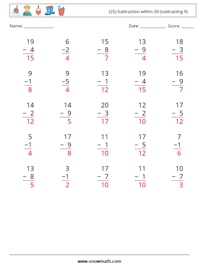 (25) Subtraction within 20 (subtracting 9) Maths Worksheets 6 Question, Answer