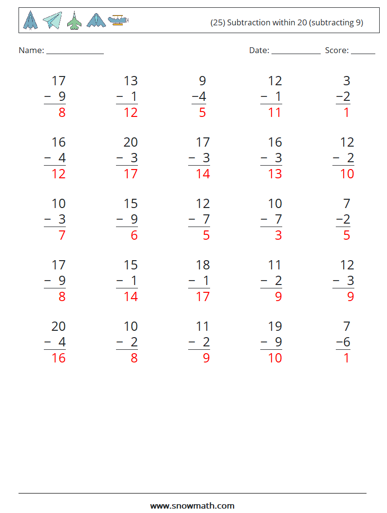 (25) Subtraction within 20 (subtracting 9) Maths Worksheets 7 Question, Answer