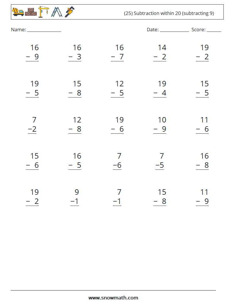 (25) Subtraction within 20 (subtracting 9) Maths Worksheets 8