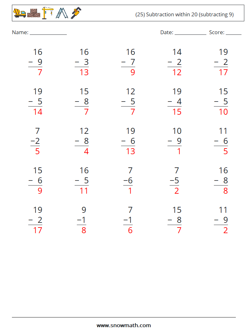 (25) Subtraction within 20 (subtracting 9) Maths Worksheets 8 Question, Answer