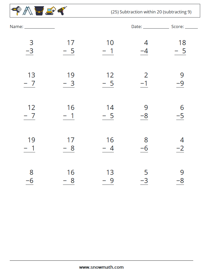 (25) Subtraction within 20 (subtracting 9) Maths Worksheets 9