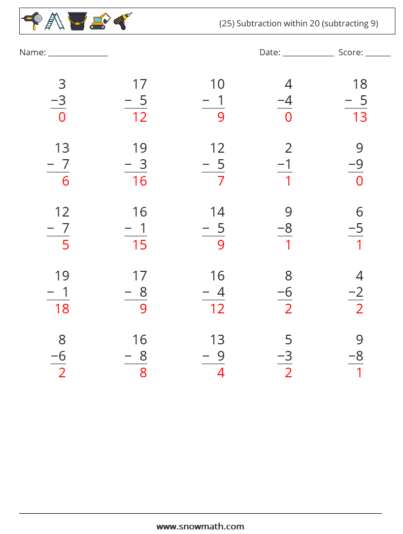 (25) Subtraction within 20 (subtracting 9) Maths Worksheets 9 Question, Answer