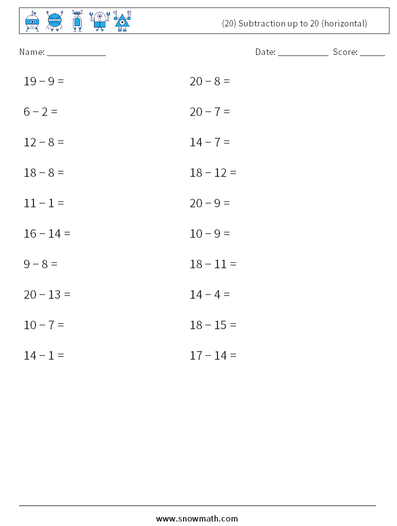 (20) Subtraction up to 20 (horizontal) Maths Worksheets 1