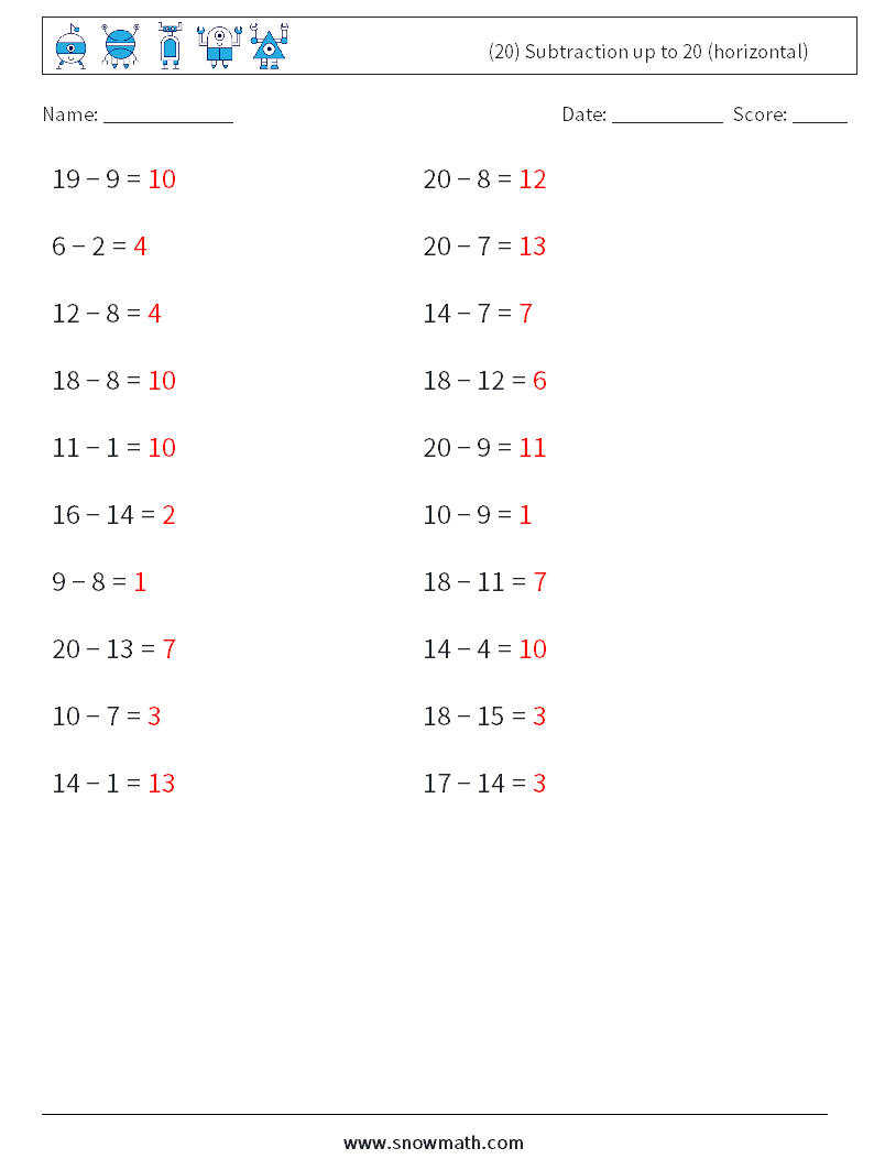 (20) Subtraction up to 20 (horizontal) Maths Worksheets 1 Question, Answer