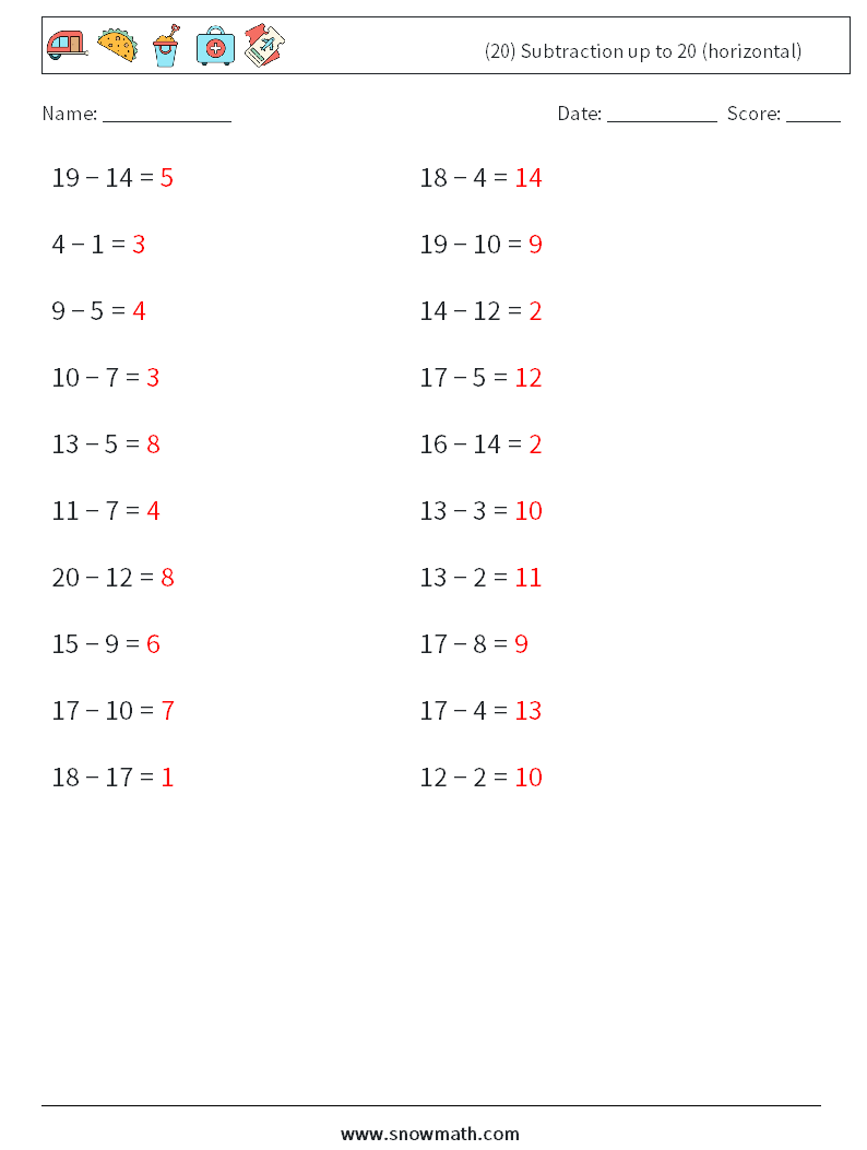 (20) Subtraction up to 20 (horizontal) Maths Worksheets 2 Question, Answer