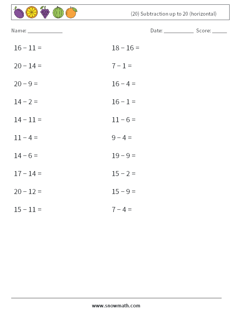 (20) Subtraction up to 20 (horizontal) Maths Worksheets 3