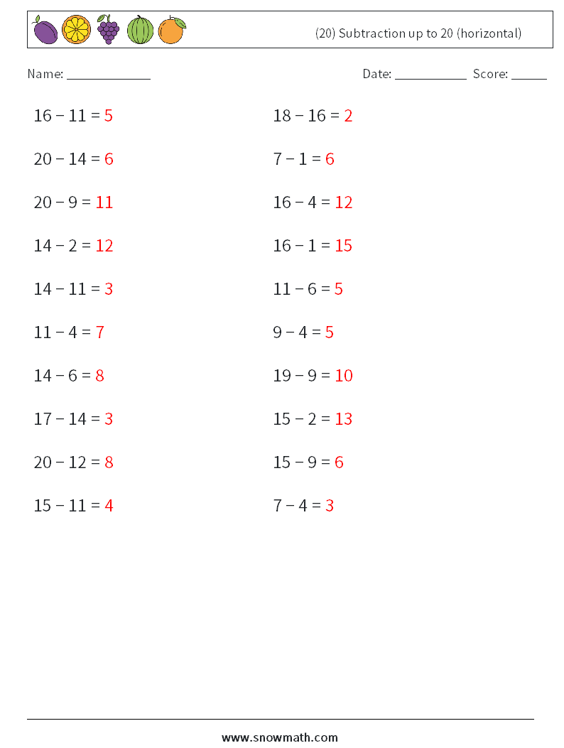 (20) Subtraction up to 20 (horizontal) Maths Worksheets 3 Question, Answer