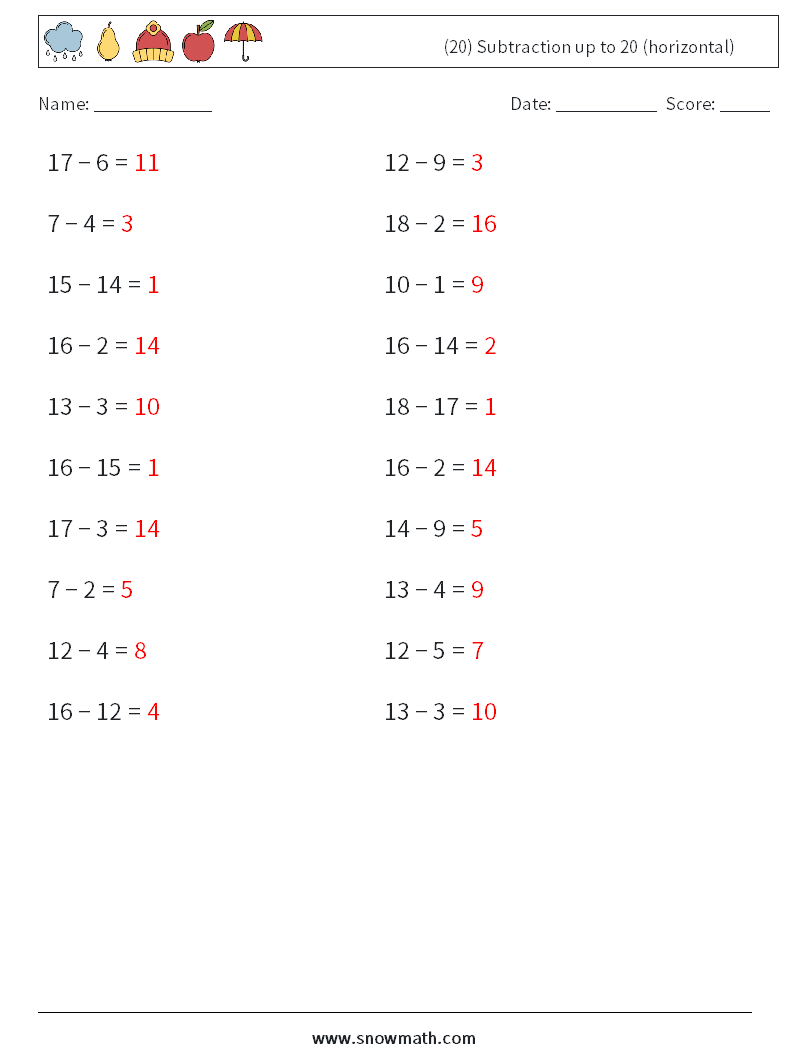 (20) Subtraction up to 20 (horizontal) Maths Worksheets 4 Question, Answer