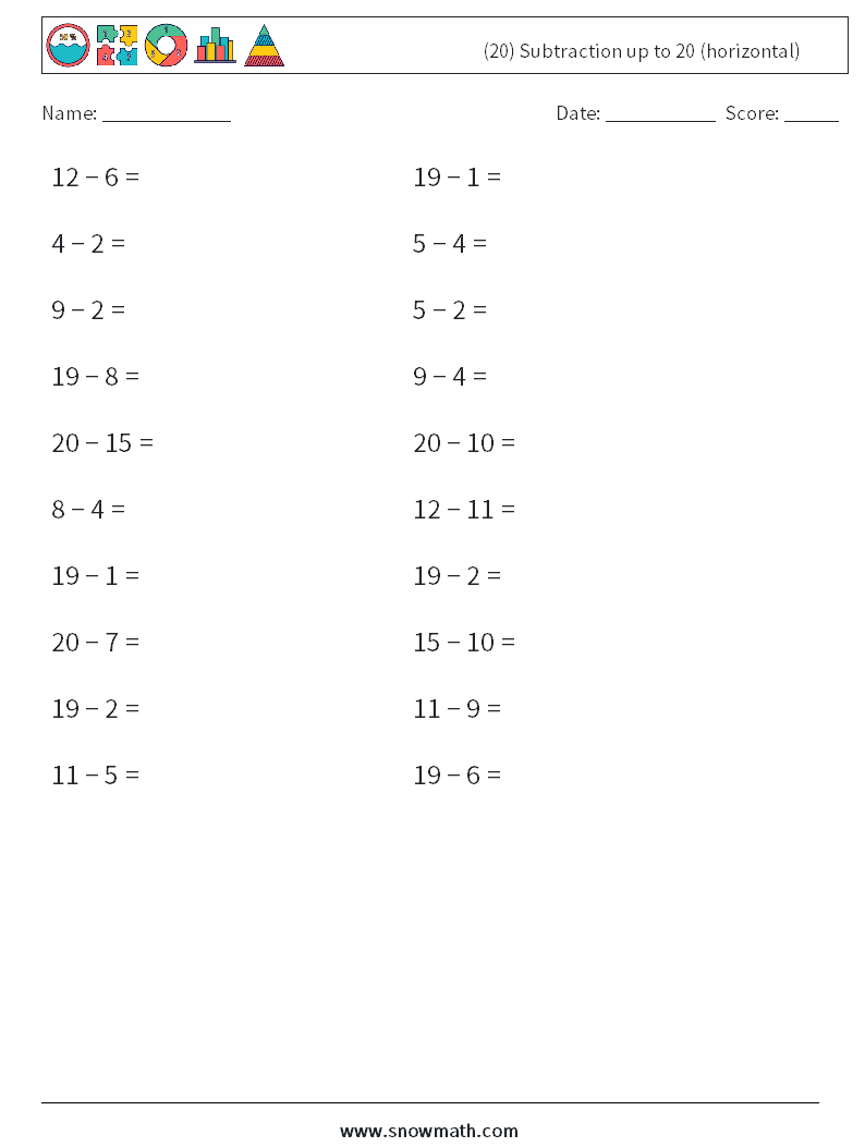 (20) Subtraction up to 20 (horizontal) Maths Worksheets 5