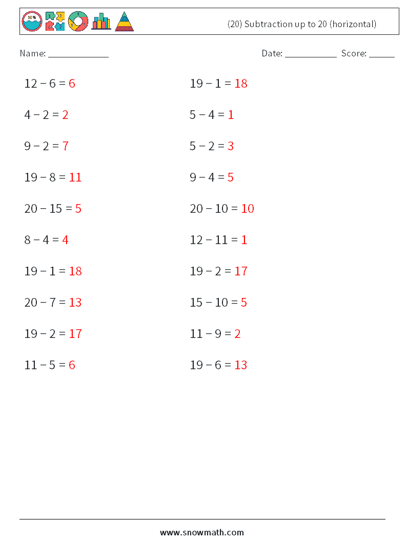 (20) Subtraction up to 20 (horizontal) Maths Worksheets 5 Question, Answer