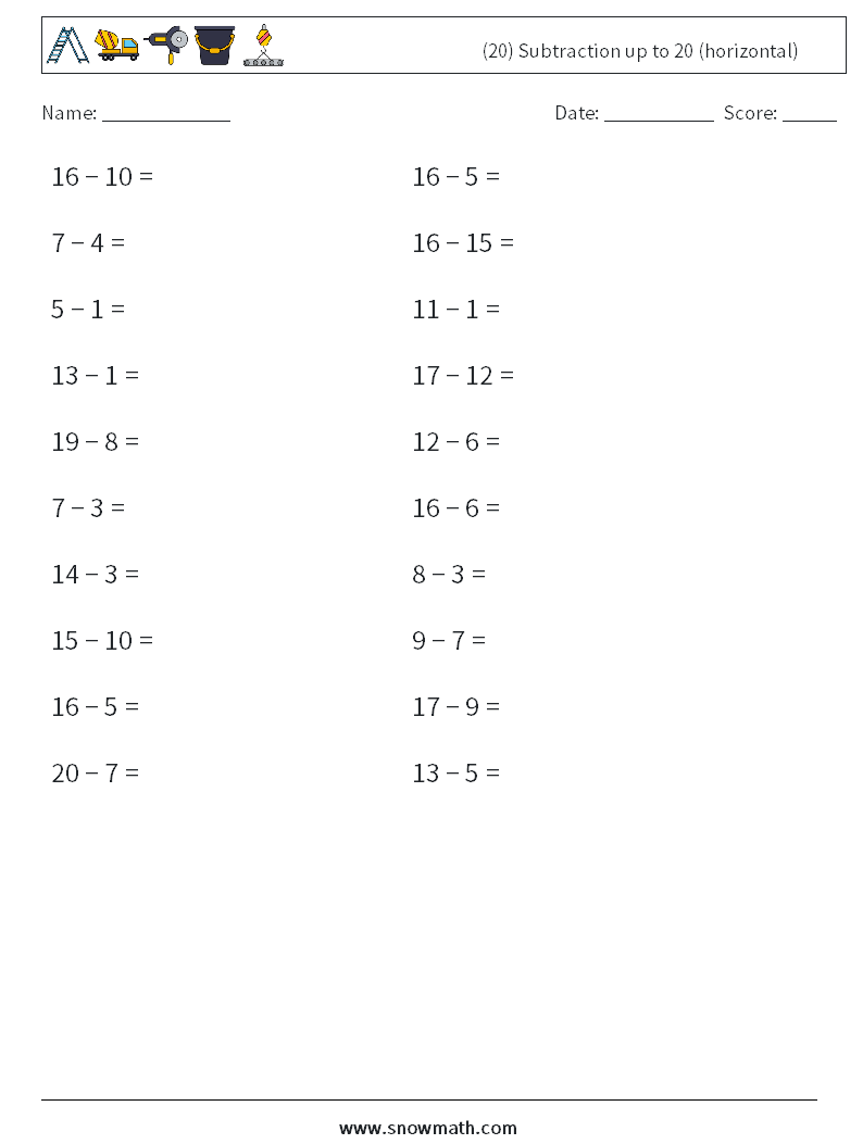 (20) Subtraction up to 20 (horizontal) Maths Worksheets 6