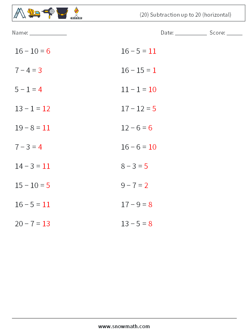 (20) Subtraction up to 20 (horizontal) Maths Worksheets 6 Question, Answer