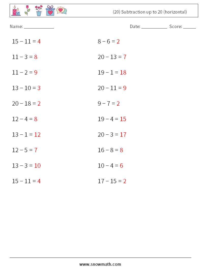 (20) Subtraction up to 20 (horizontal) Maths Worksheets 7 Question, Answer