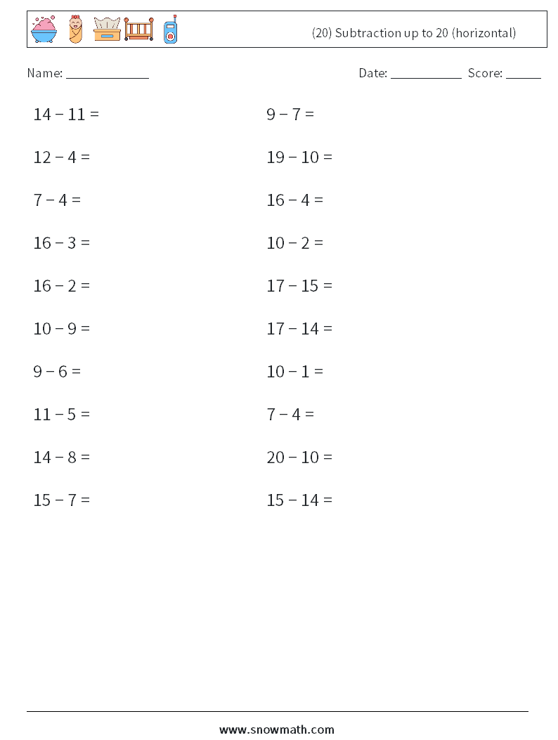 (20) Subtraction up to 20 (horizontal) Maths Worksheets 8