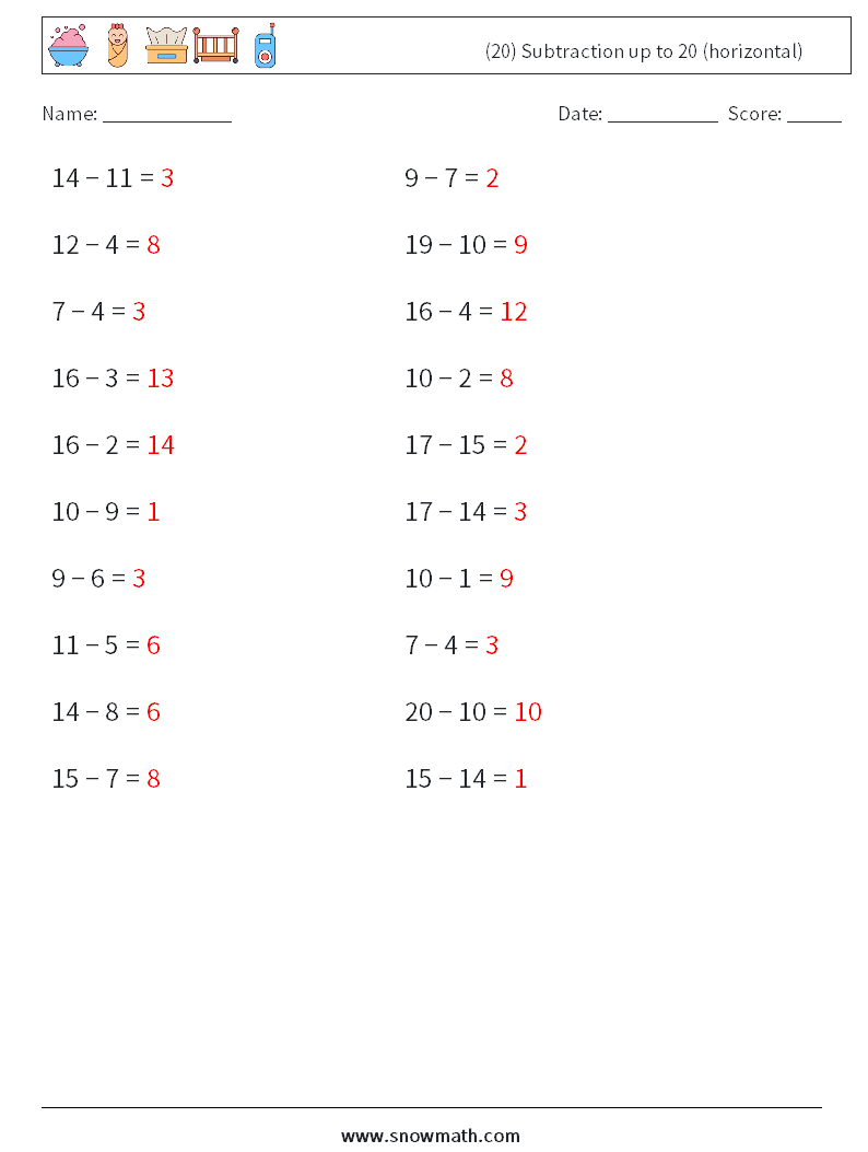 (20) Subtraction up to 20 (horizontal) Maths Worksheets 8 Question, Answer