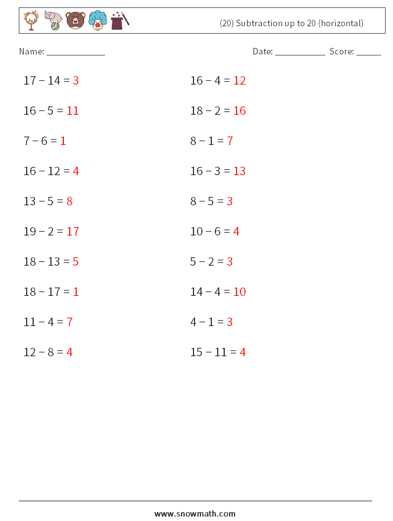 (20) Subtraction up to 20 (horizontal) Maths Worksheets 9 Question, Answer
