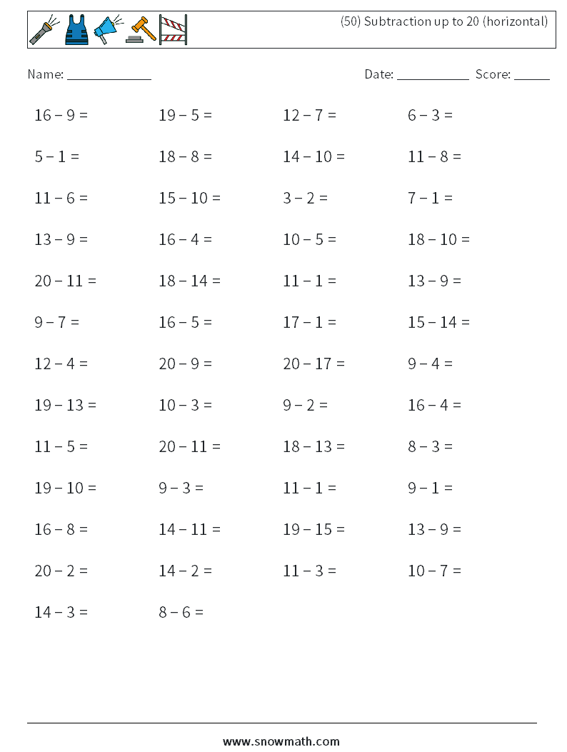 (50) Subtraction up to 20 (horizontal) Maths Worksheets 1