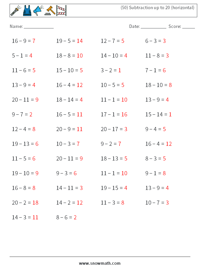 (50) Subtraction up to 20 (horizontal) Maths Worksheets 1 Question, Answer