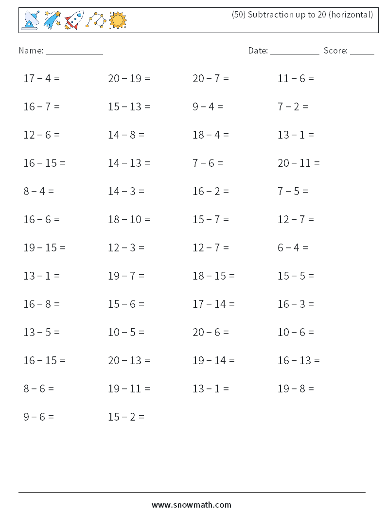 (50) Subtraction up to 20 (horizontal) Maths Worksheets 2