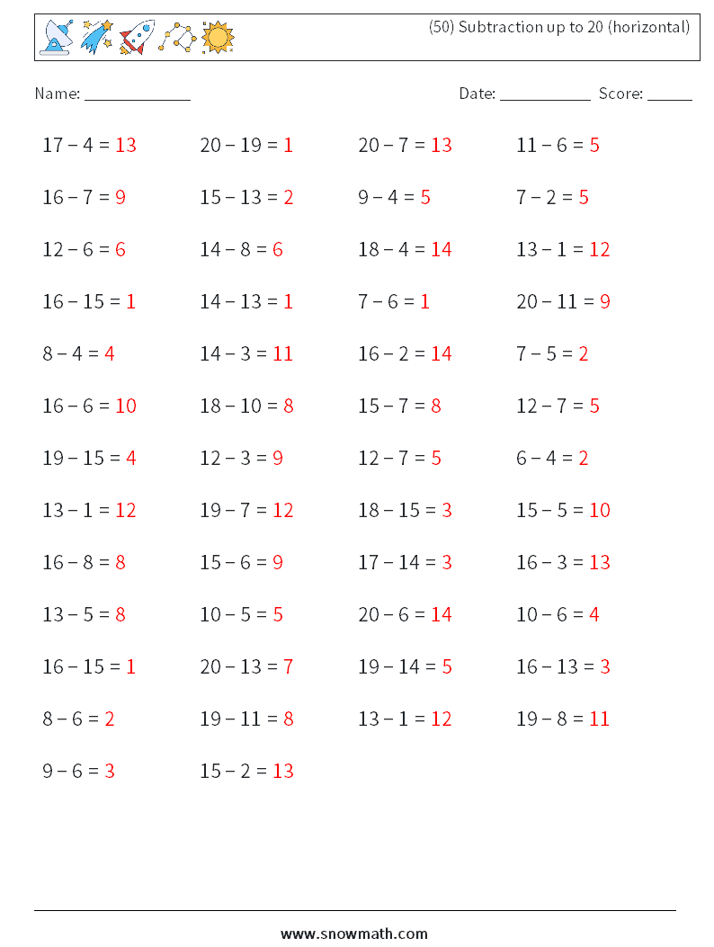 (50) Subtraction up to 20 (horizontal) Maths Worksheets 2 Question, Answer