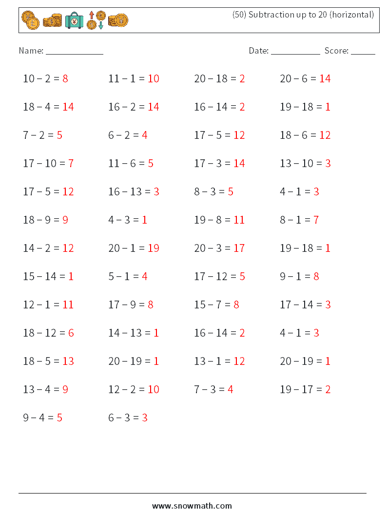 (50) Subtraction up to 20 (horizontal) Maths Worksheets 3 Question, Answer