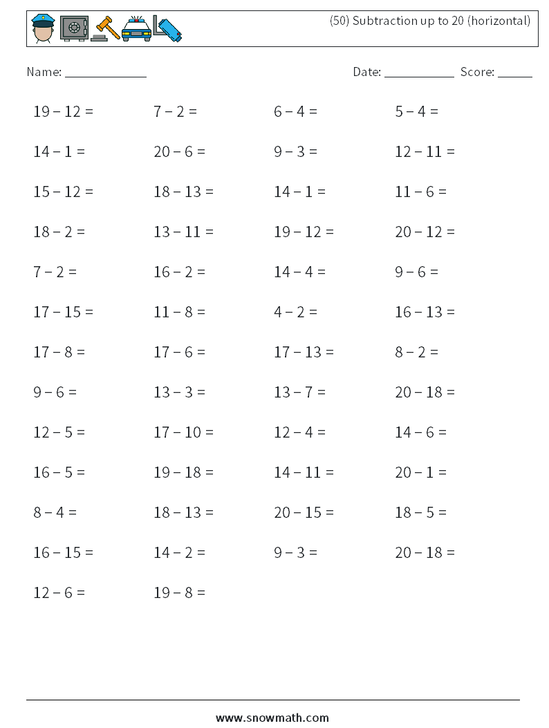 (50) Subtraction up to 20 (horizontal) Maths Worksheets 4