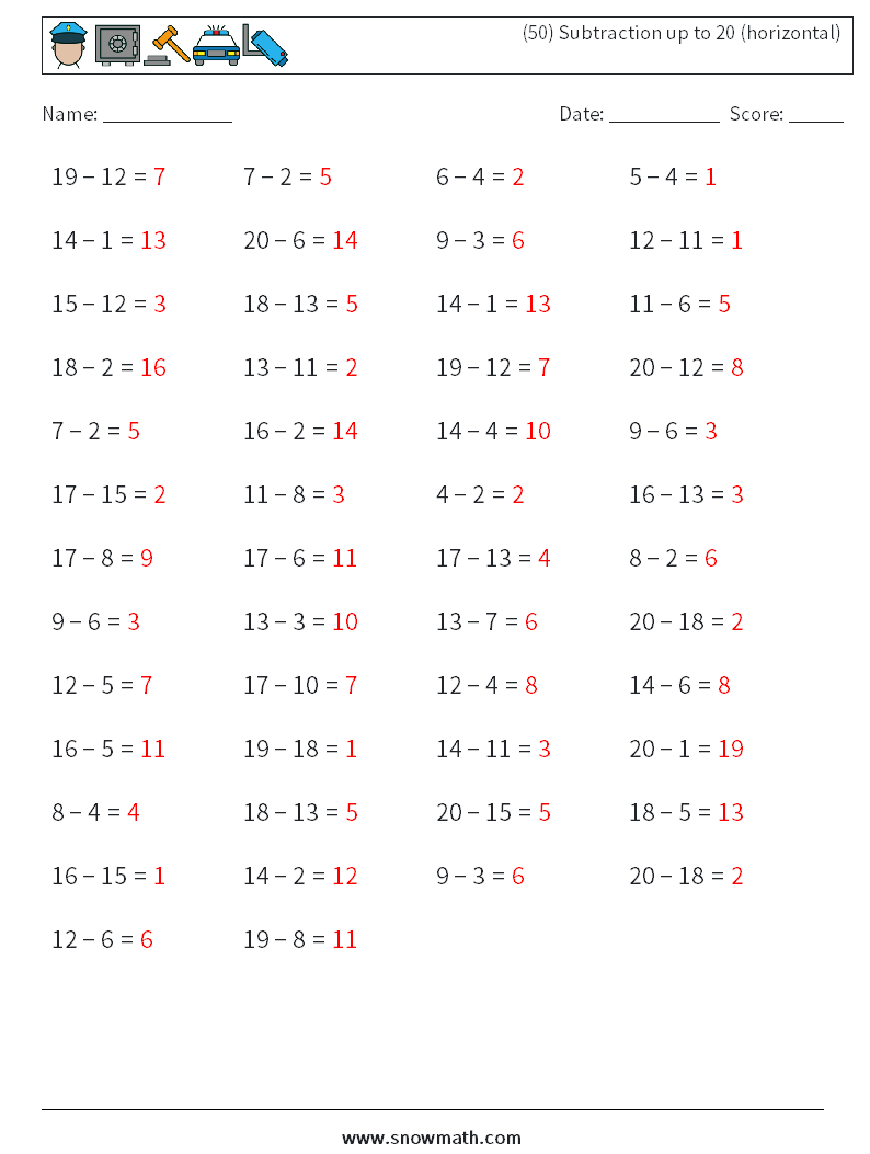 (50) Subtraction up to 20 (horizontal) Maths Worksheets 4 Question, Answer