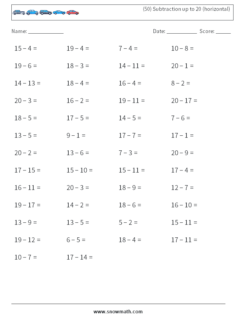 (50) Subtraction up to 20 (horizontal) Maths Worksheets 5