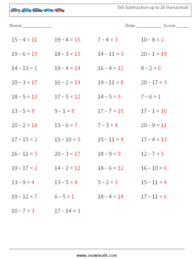 (50) Subtraction up to 20 (horizontal) Maths Worksheets 5 Question, Answer