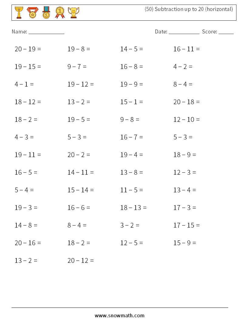 (50) Subtraction up to 20 (horizontal) Maths Worksheets 6