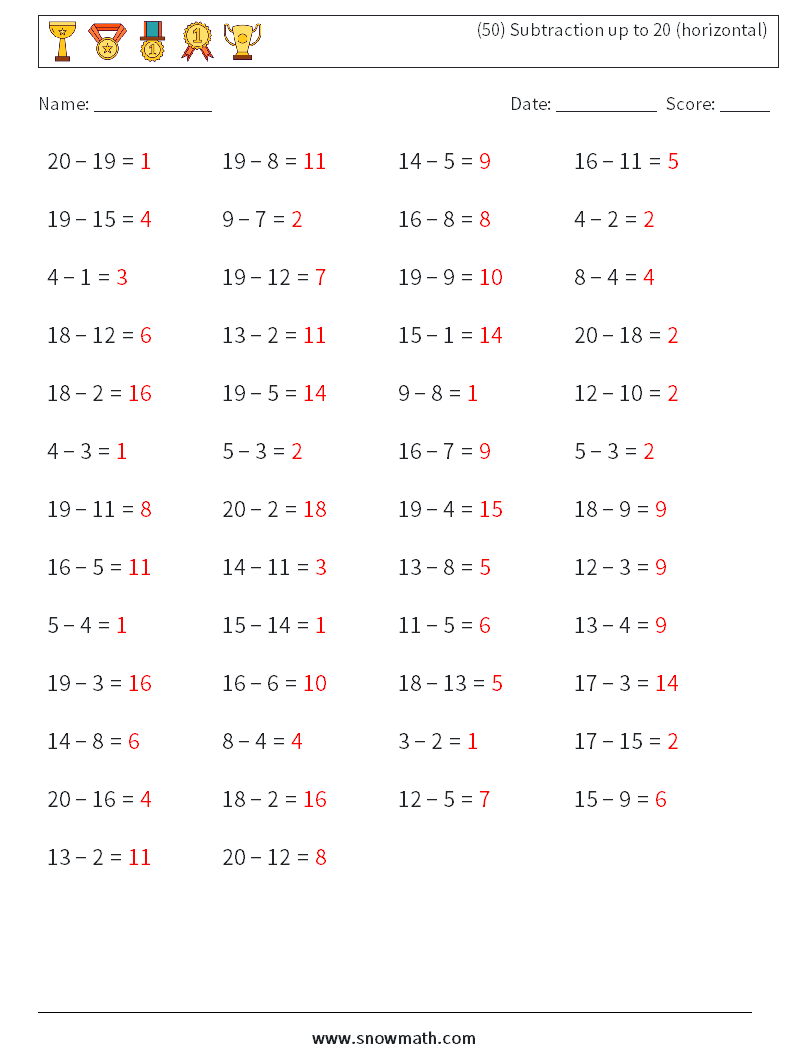 (50) Subtraction up to 20 (horizontal) Maths Worksheets 6 Question, Answer