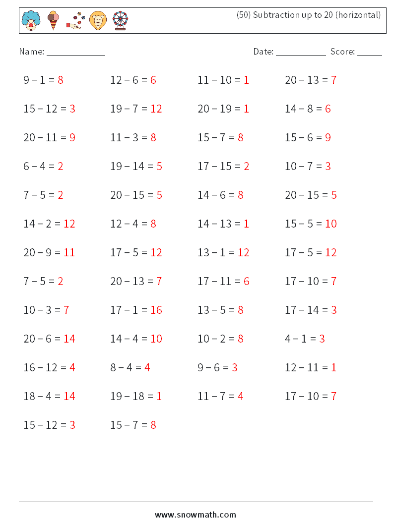 (50) Subtraction up to 20 (horizontal) Maths Worksheets 7 Question, Answer