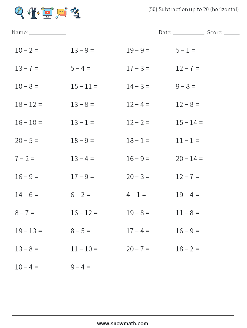 (50) Subtraction up to 20 (horizontal) Maths Worksheets 8