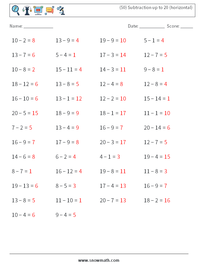 (50) Subtraction up to 20 (horizontal) Maths Worksheets 8 Question, Answer