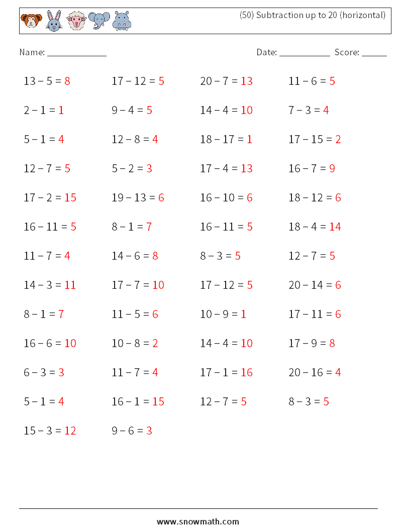 (50) Subtraction up to 20 (horizontal) Maths Worksheets 9 Question, Answer