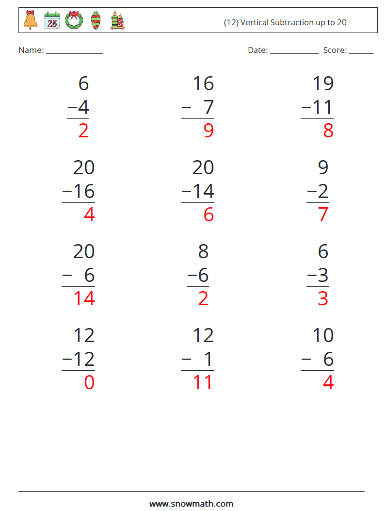 (12) Vertical Subtraction up to 20 Maths Worksheets 10 Question, Answer