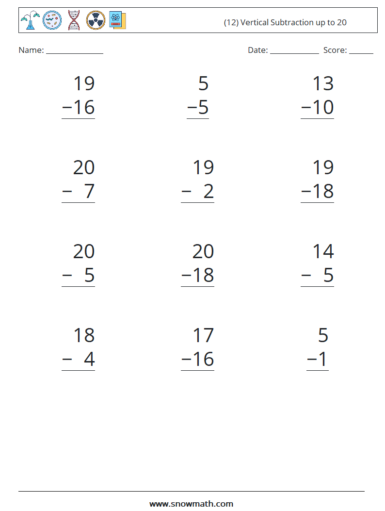 (12) Vertical Subtraction up to 20 Maths Worksheets 11