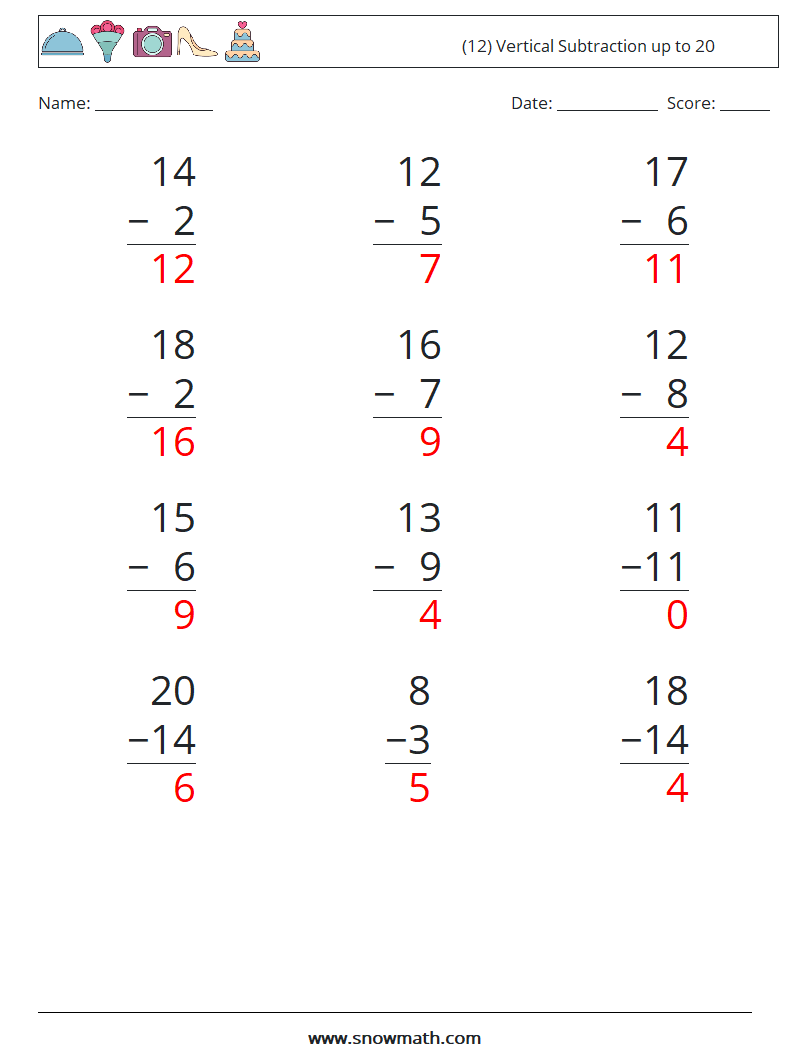 (12) Vertical Subtraction up to 20 Maths Worksheets 12 Question, Answer