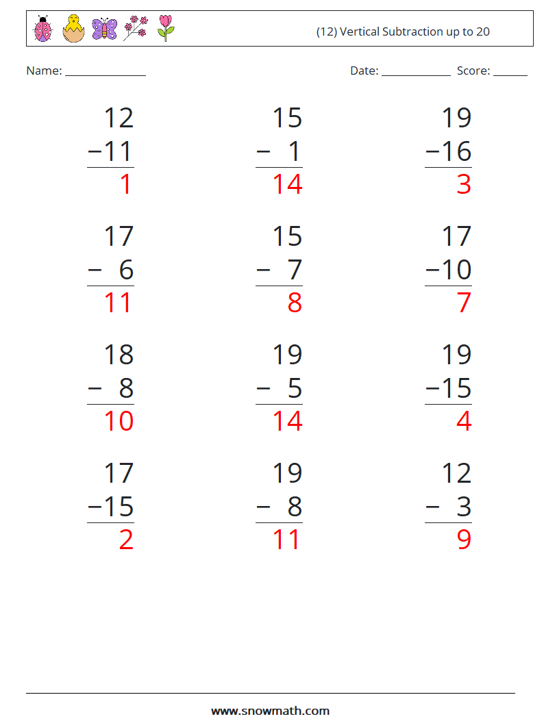 (12) Vertical Subtraction up to 20 Maths Worksheets 13 Question, Answer