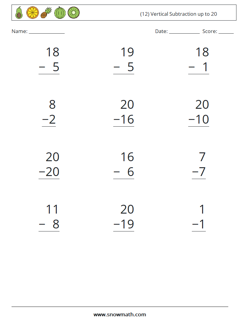 (12) Vertical Subtraction up to 20 Maths Worksheets 17