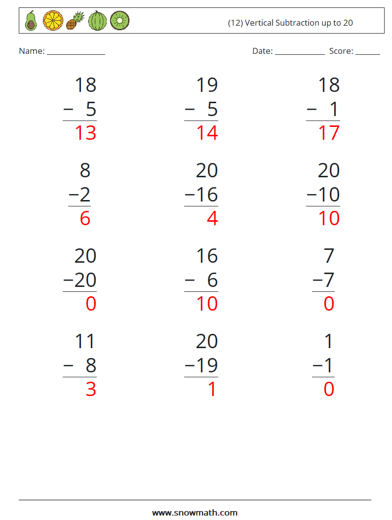 (12) Vertical Subtraction up to 20 Maths Worksheets 17 Question, Answer