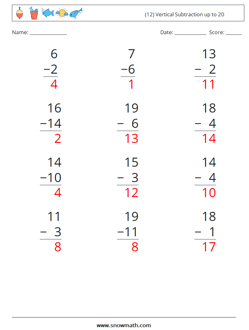 (12) Vertical Subtraction up to 20 Maths Worksheets 18 Question, Answer