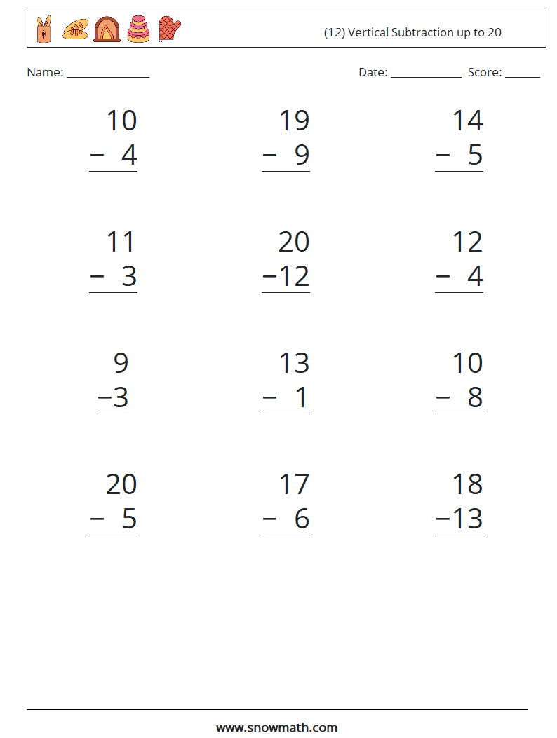 (12) Vertical Subtraction up to 20 Maths Worksheets 2