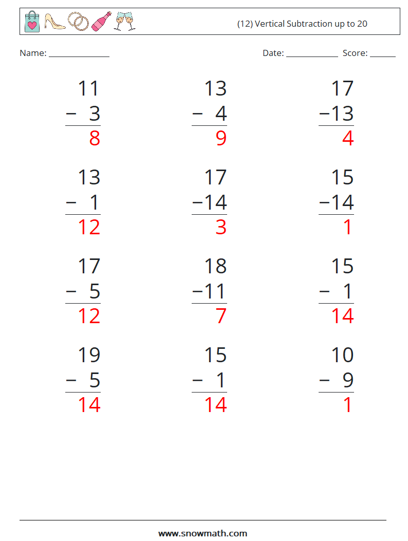 (12) Vertical Subtraction up to 20 Maths Worksheets 3 Question, Answer