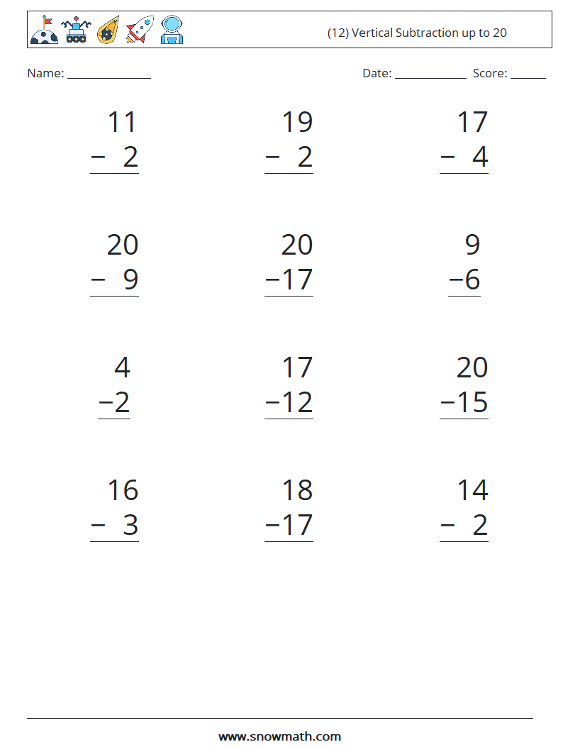 (12) Vertical Subtraction up to 20 Maths Worksheets 9