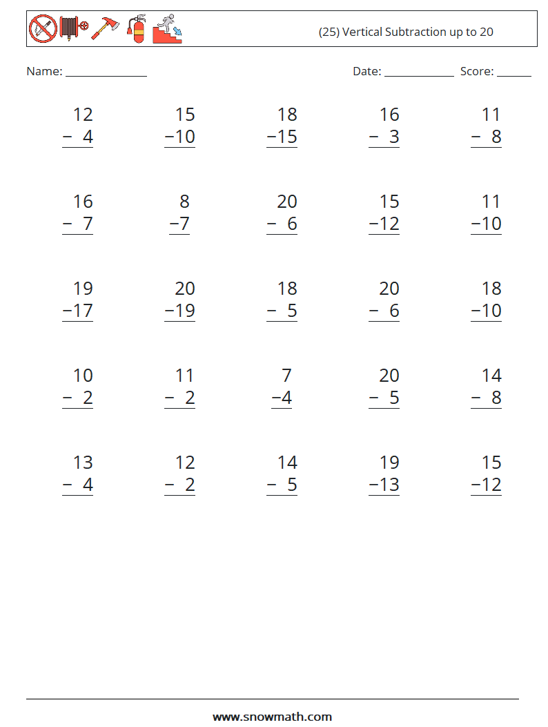 (25) Vertical Subtraction up to 20 Maths Worksheets 1