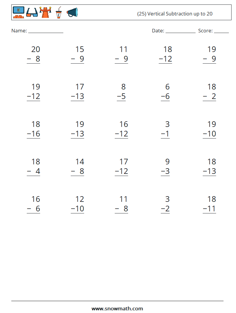 (25) Vertical Subtraction up to 20 Maths Worksheets 10