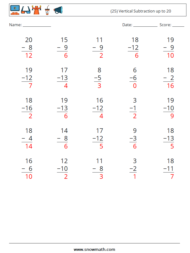 (25) Vertical Subtraction up to 20 Maths Worksheets 10 Question, Answer