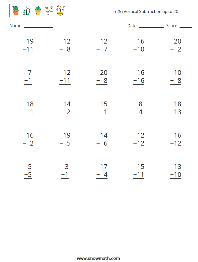 (25) Vertical Subtraction up to 20 Maths Worksheets 11